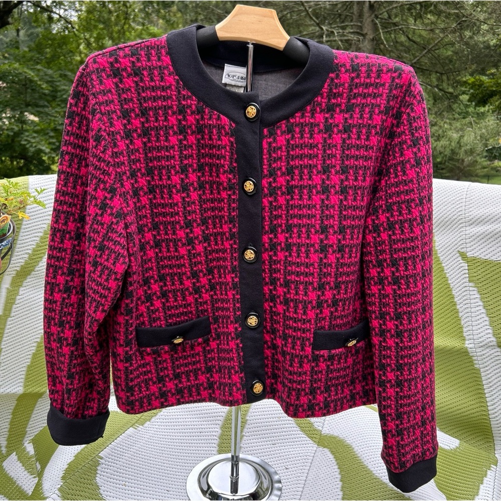 Classic Houndstooth Knit Blazer Jacket - Pink & Black